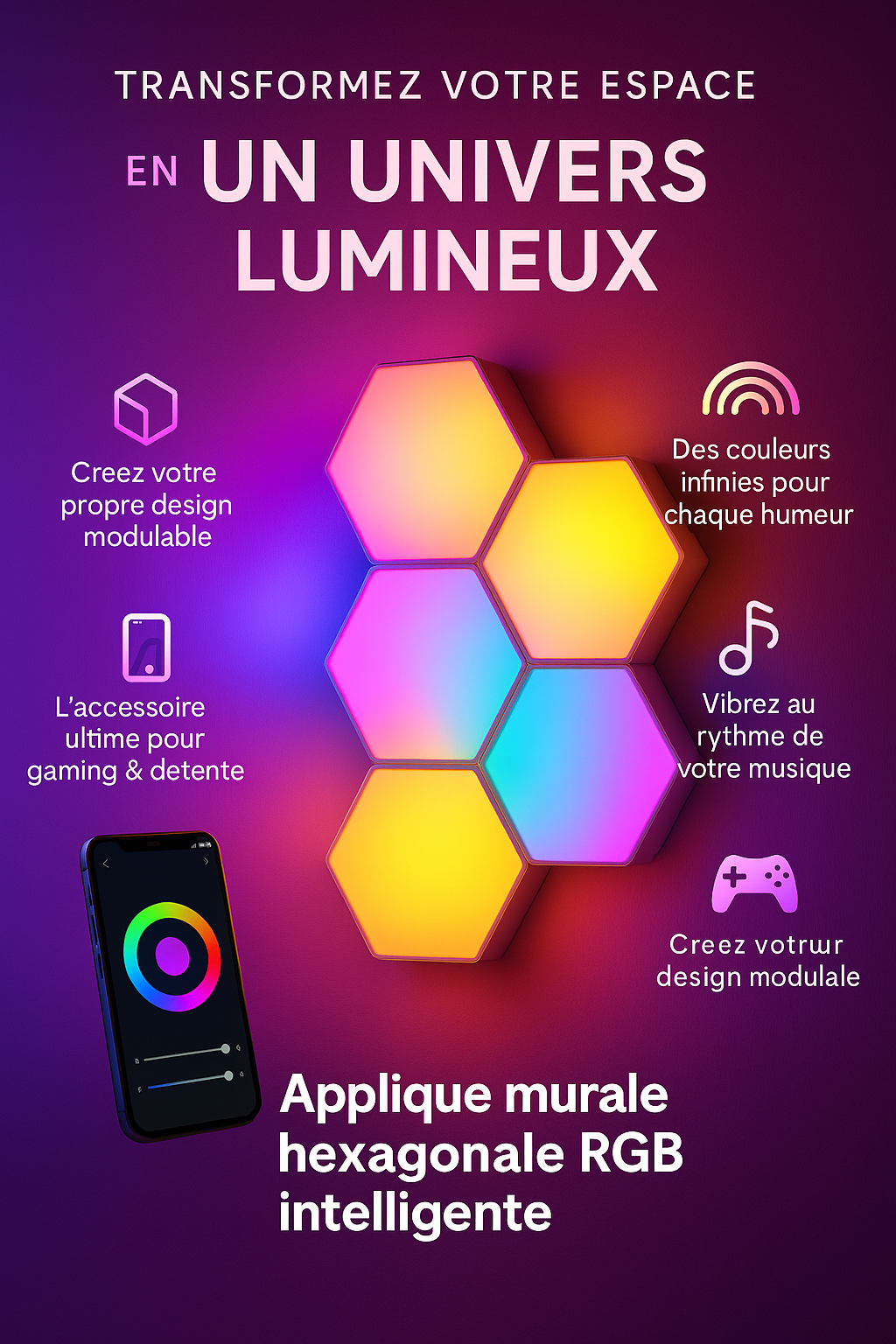 Applique murale hexagonale intelligente RGB